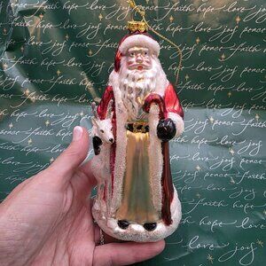 Shepard Santa w/ Reindeer Hand Painted Blown Glass Glitter Christmas Ornament